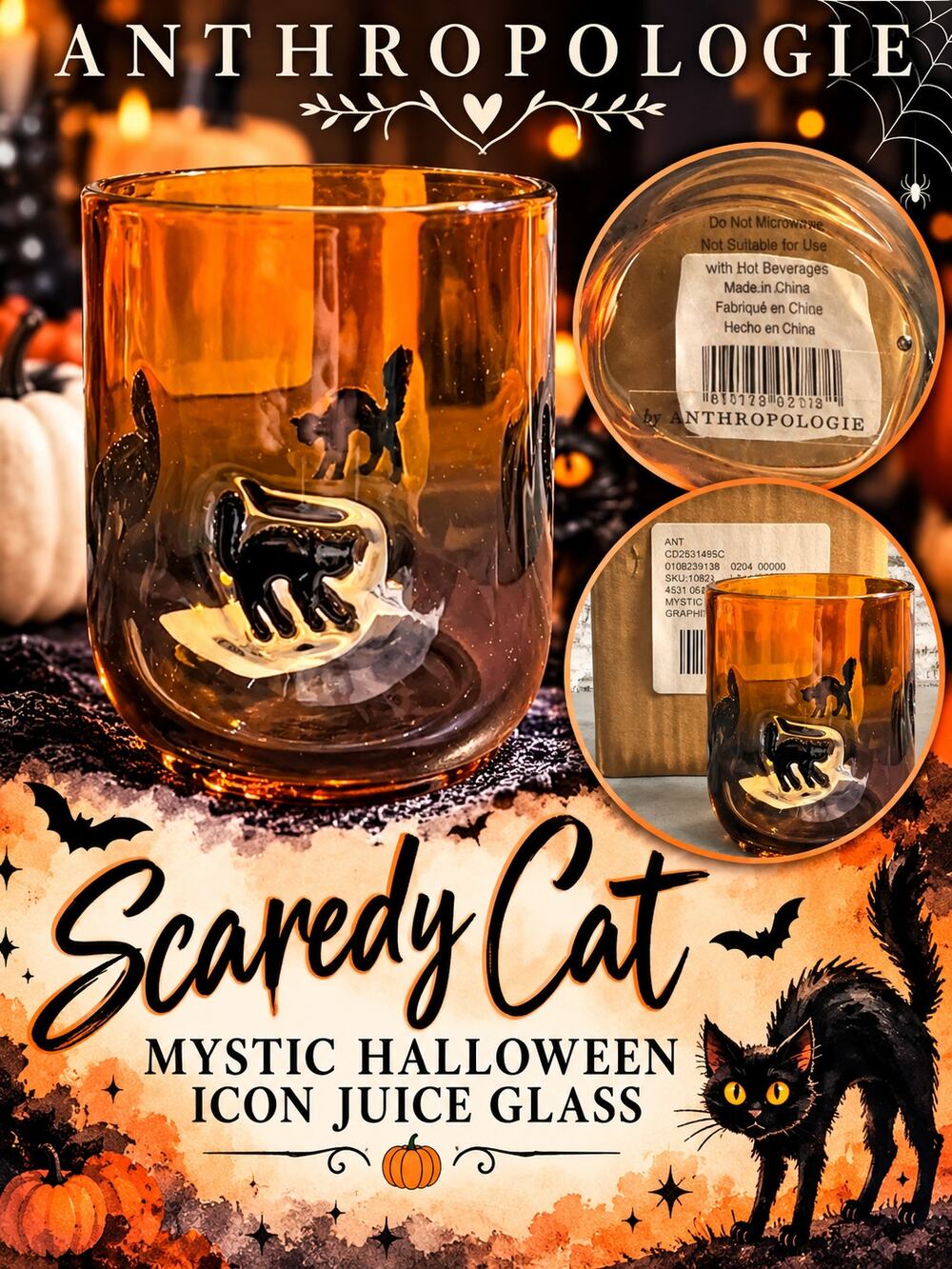 Anthropologie Scaredy Cat Mystic Halloween Icon Juice Glass NIB